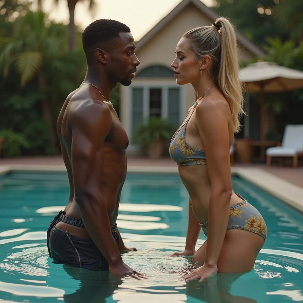 Magnificent detail, 8K Photos, hyper- realism, realistic background, visual depth, wide angle lens, professional light. {The scene shows a tall, strong black man, brawny, manly, masculine, 1,93m high, wearing white swim trunks, greatly enhancing the volume of your erect penis. Carrying a beautiful 23-year-old natural blonde in his arms, short, 1,56m, delicious. She wears a little red bikini. The woman is happy and excited. Your nipples show through your bikini. The woman is very beautiful, and loves sex. The woman has a writing tattoo "Only to BBC". Water park scenario.