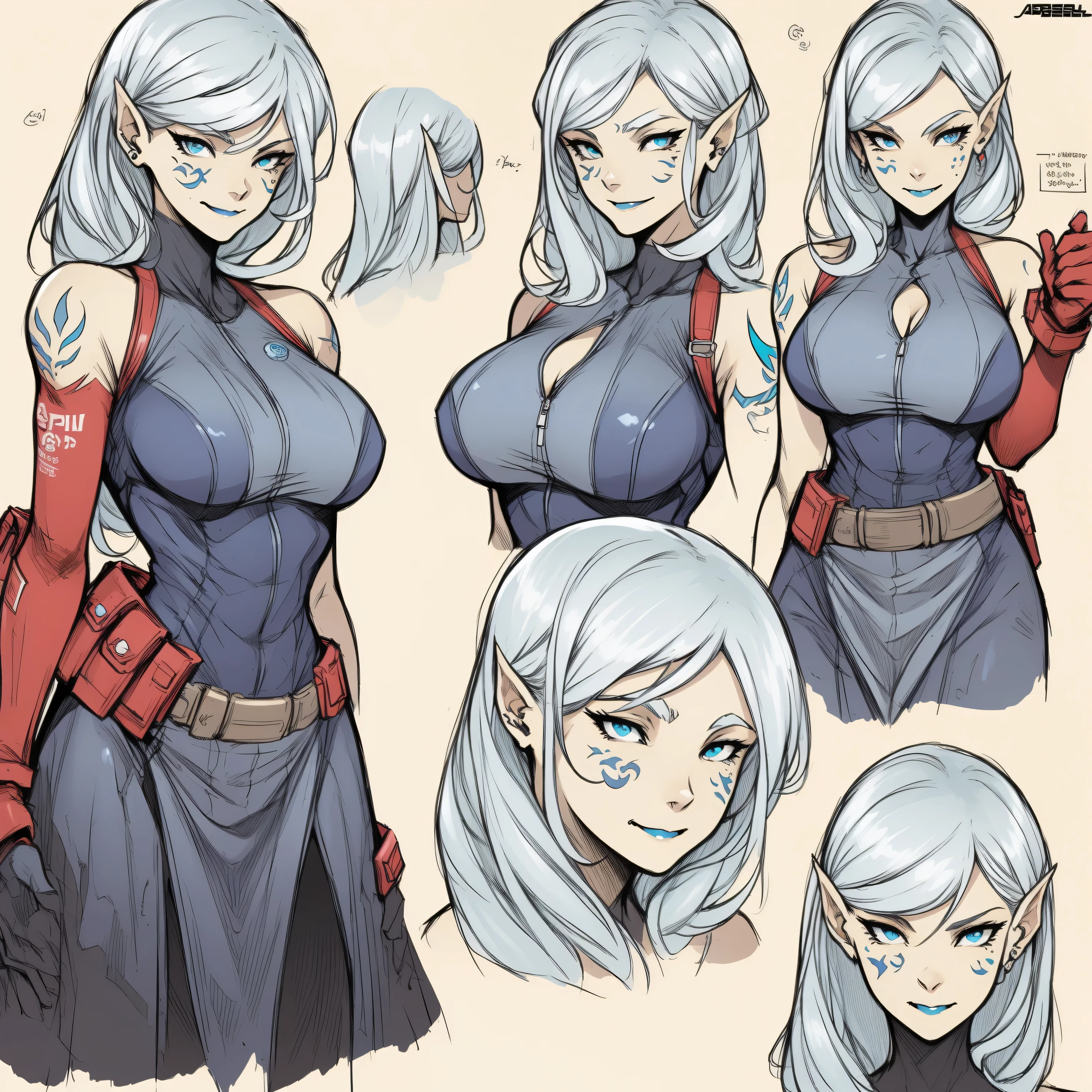Masterpiece,Best quality,offcial art,Extremely detailed Cg Unity 8K wallpaper, absolute cleavage, confident, sketch line drawings, Jarael, alabaster white skin, blue tattoos, facial mark, blue lips, wearing a cute red dress, medium breasts, smiling, happy, cleavage
