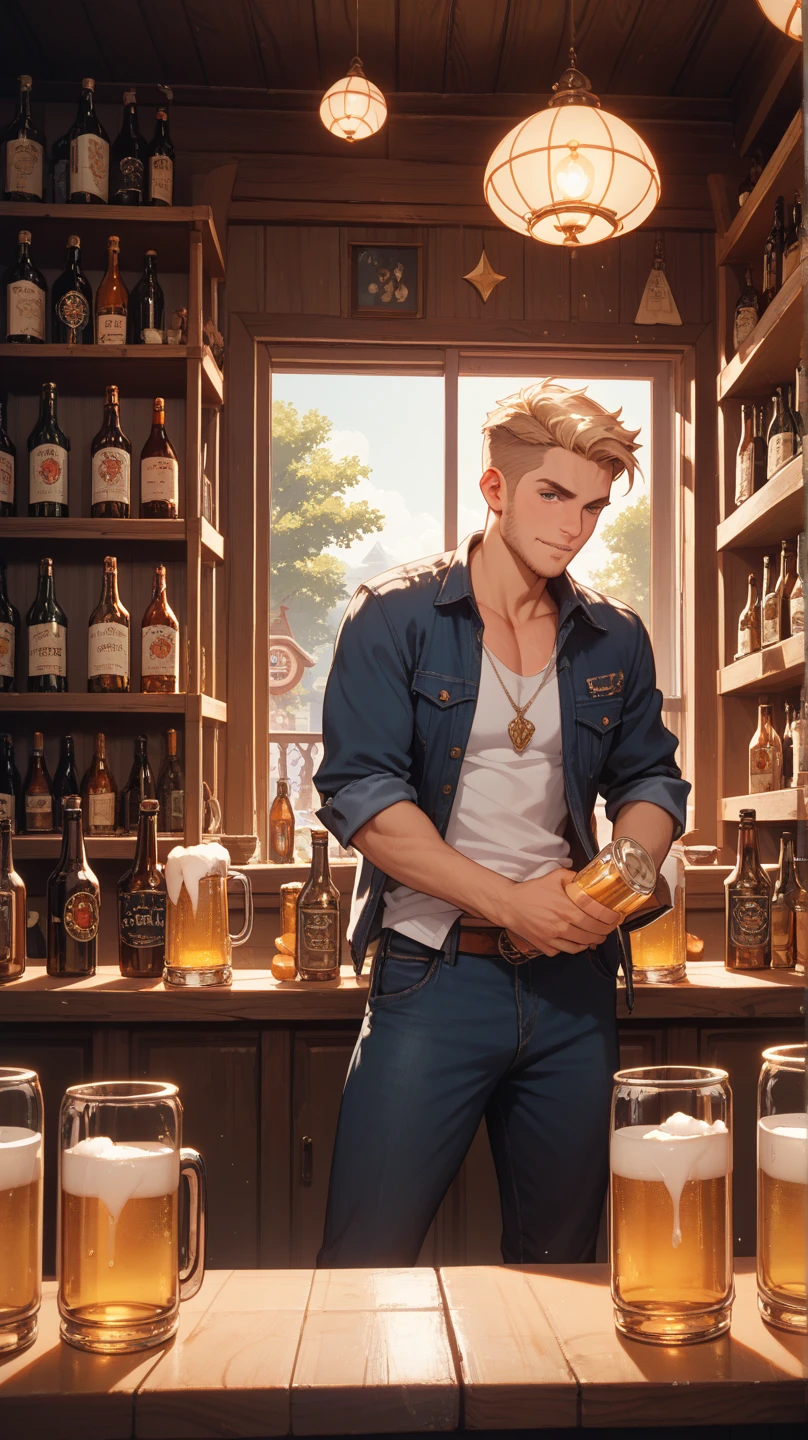 ,SOLO MAN ,  tavern ambiance and  background、detailed face , detailed body part , detailed hands , detailed fingers, A handsome tall man standing (((Stephen AMELL))) ,He is 40 years old，Thin waist，The pectoral muscles are well developed, He is 175cm tall，Weight 62 kg、blue-green eyes、brown hair color、short hair, wearing vintage jeans showing a bulge, looking at the viewer ，Smiling，Lots of beer bottles,holding a beer bottle in his hand and saying cheers to friends