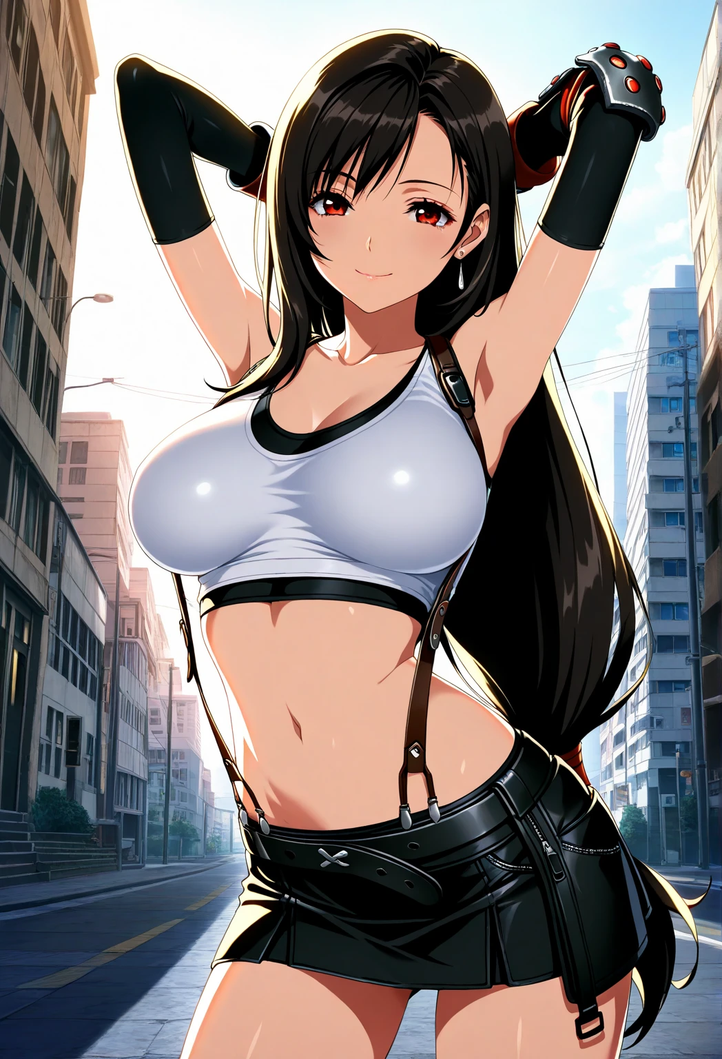 (masterpiece, best quality: 1.2), cowboy shot, solo, 1girl, yaoyorozu momo, anime screencap, city, long hair, black hair, gray eyes, looking at the viewer, lustful, closed mouth, ass, wide hips, short shirt, short shorts, unbuttoned shorts, erotica, back