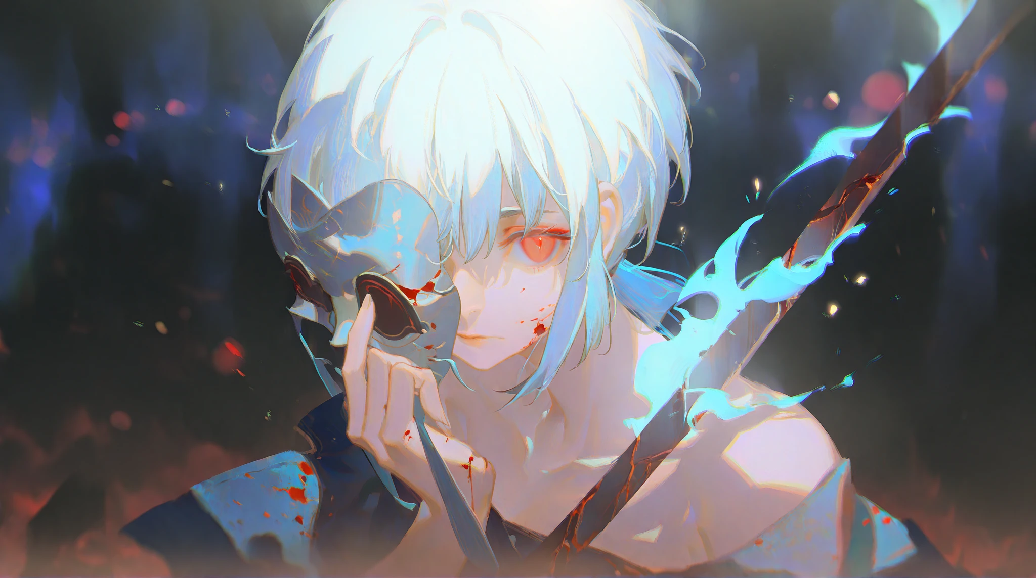 White hair-blue eyes boy, covered in blood , lying in the forest, while lands from another planet surround him to devour him