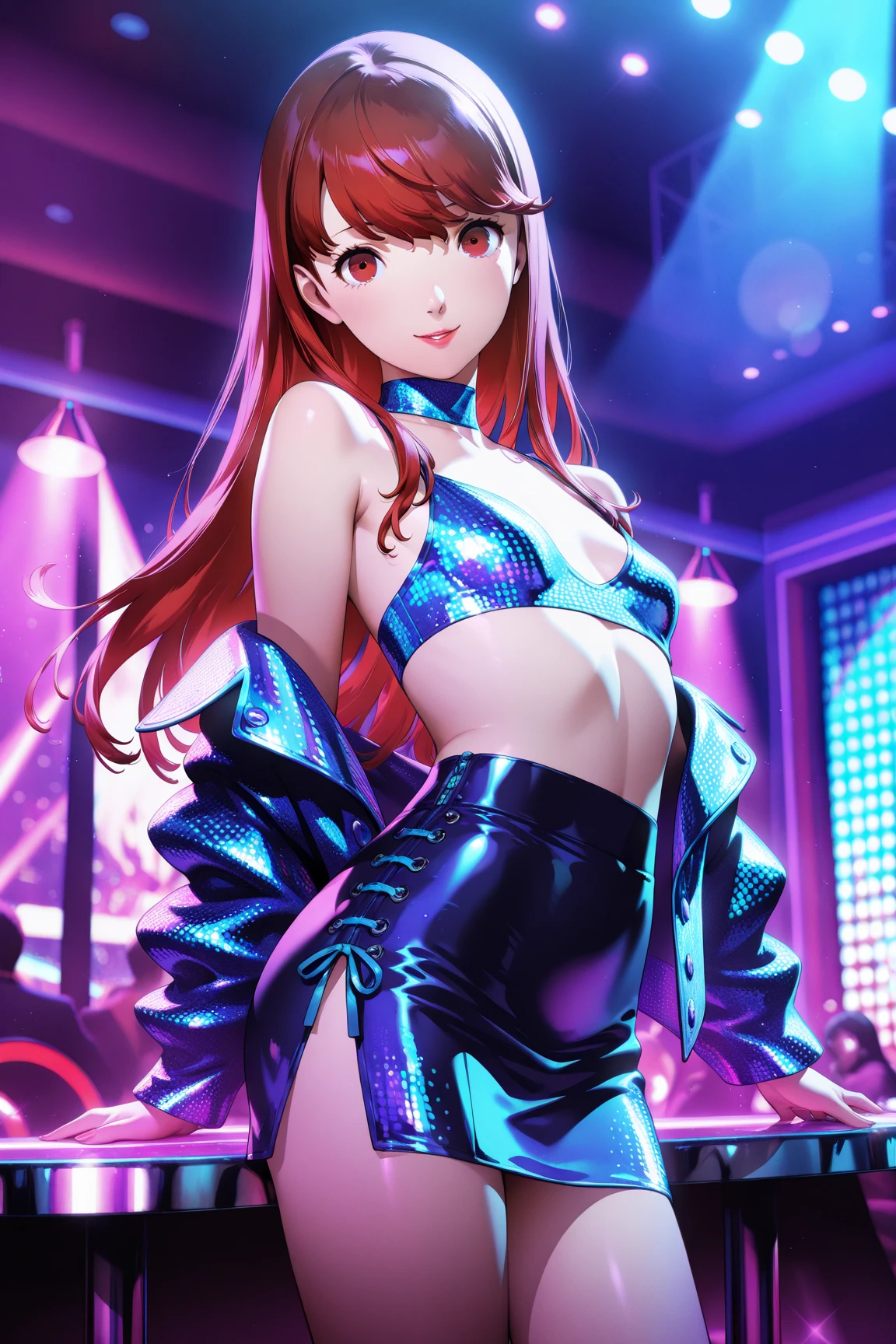 high quality, subsurface scattering, chromatic lighting,
colorized, red + white limited color palette, 
detailed concept drawing,
dancing, in a club, futuristic, cyberpunk,
portrait, 20yo 1girl, medium soft breasts, slender, long red hair, blue eyes, smiling