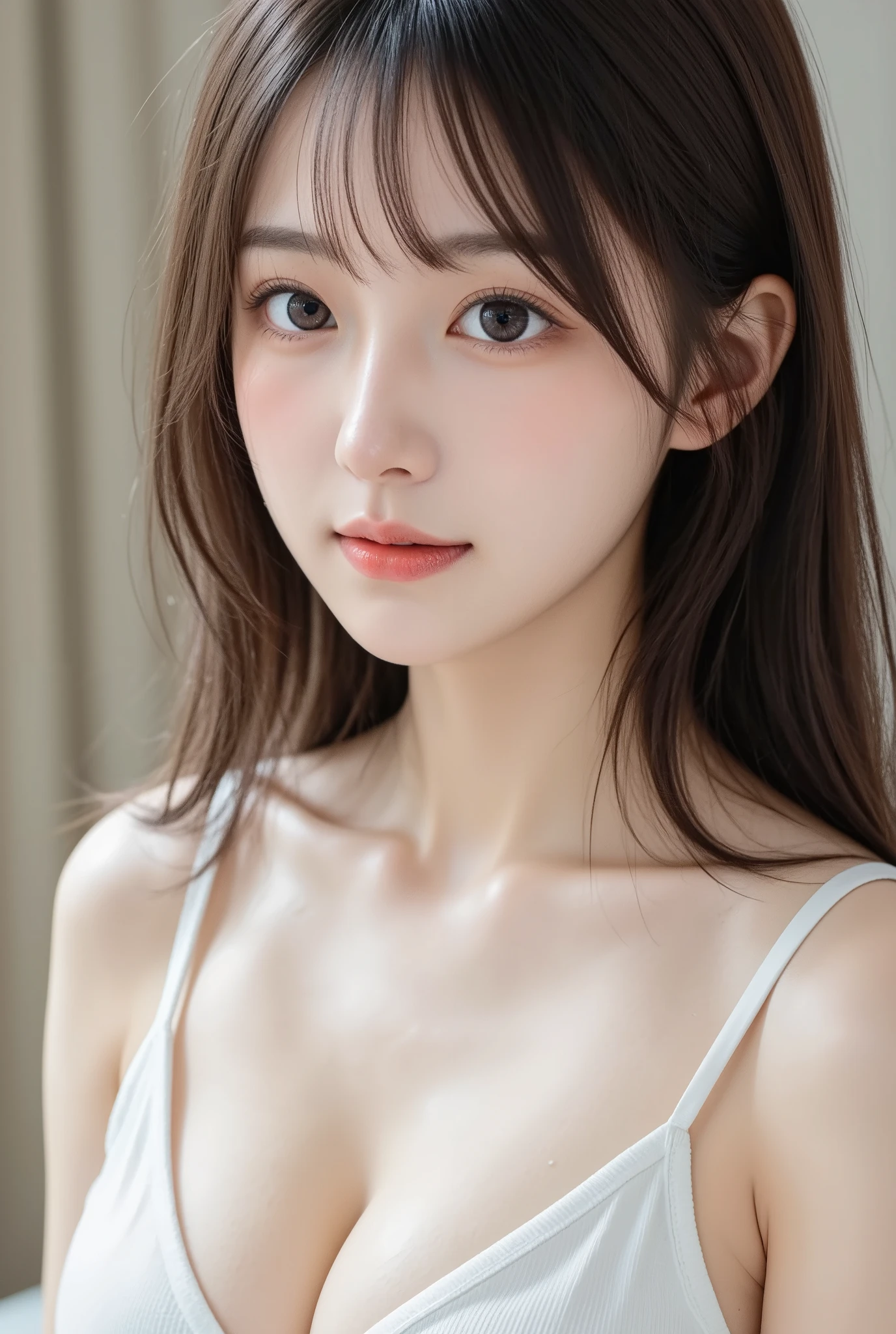 Gentle and charming Chinese beauty, Half-length photo, Exquisite and sexy clavicle, Charming oval face, Double eyelids, Lively peach blossom eyes, Pink lips, Small nose, Bare shoulders, focused face, Close-up of face, Ultra HD, Super Detail, elegant standing posture, Korean style puff sleeve square collar slim short shirt, Paired with a high waist light denim suit