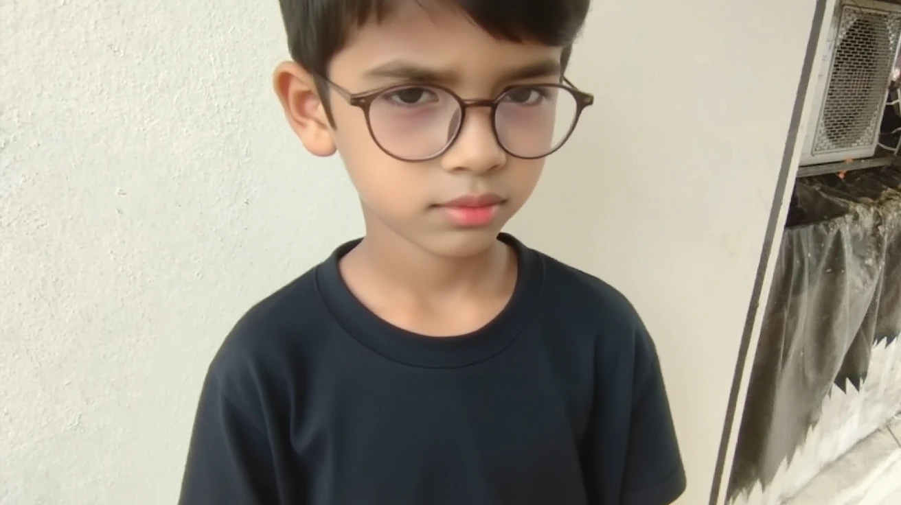 there is a young boy wearing glasses and a blue shirt, ayan nag, reyyan, innocent look, 2 years old, with glasses, with cute doting eyes, jayison devadas, with glasses on, !!wearing modern glasses!!, innocent face, !!wearing glasses!!, riyahd cassiem, with accurate face, wearing medium - sized glasses
