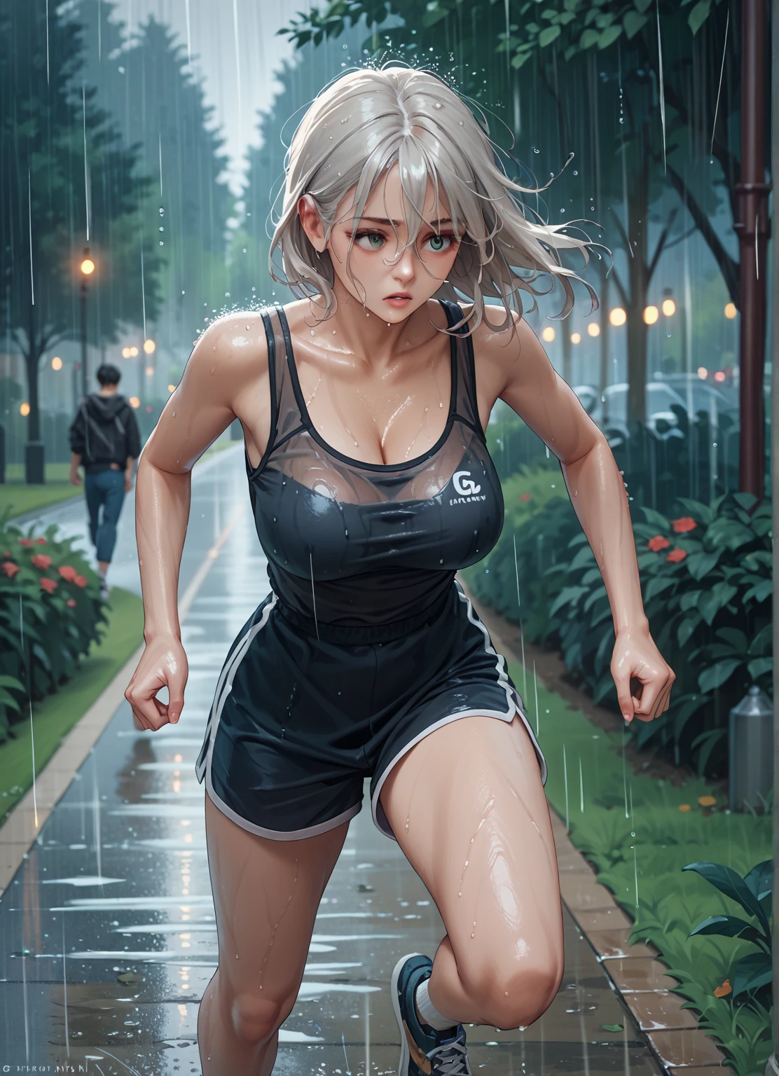 HYPERREAL, ULTRA DETAILED, HIGH RESOLUTION, 8K, woman runner, sweaty woman, tired woman, wet skin, blonde woman, seethrough