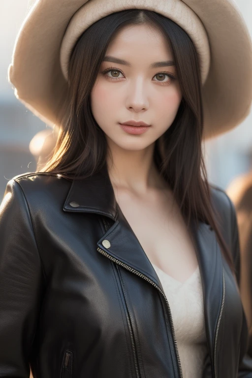 Long-haired Arafad woman wearing hat and scarf, Realistic digital art 4k, Realistic digital art 4k, Soft portrait shots in 8K, photoRealistic art style, photorealistic beautiful face, cinematic realistic portraits, Beautiful digital art work, realistic beautiful face, Realistic art style, 3D rendering character art 8k, Beautiful realistic face, Stunningly realistic graphics, nipple slip, black clothes