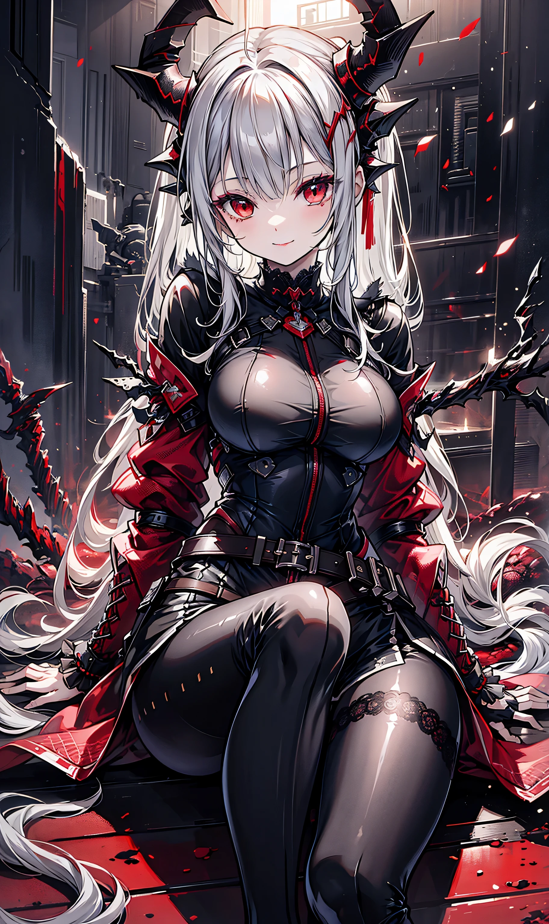 (1 demon, long hair, glowing red eyes, dress, smug face, sexy), (gray, gray theme, backlight, fog), facing the viewer, looking at you, view from below