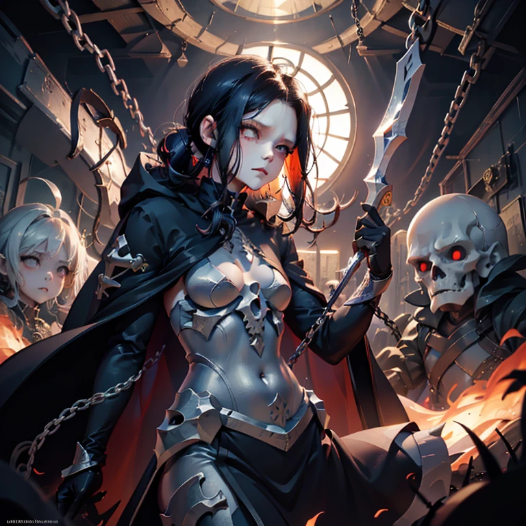 (solo, 1girl, crazy eyes, blood on face, blood on clothes) (digital) ( in detailed greenhouse,  (spiked armor, chain)) , best quality, <lora:boldline:0.2>  <lora:hairdetailer:0.2> khorne, skull, <lora:khorne:0.7>
