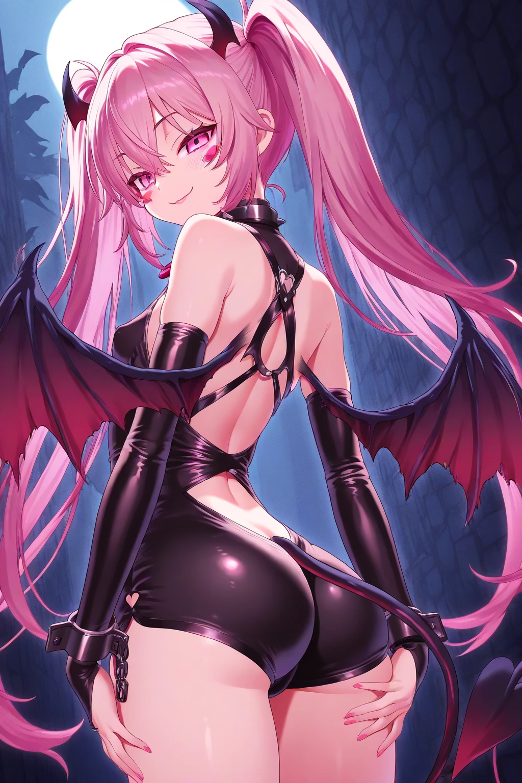 ((high resolution)), ((8k)), a beautiful girl, full body, sitting sexy, warrior, helmet with two horns, sexy, cute face, beautiful face, naked, hand placed on pussy, hand in pussy, protruding pussy, with dragon wings, black wings with pink, in a castle, with lava, scattered smoke, hanging cages, neon trails, purple trails, flashes, at night, big trees, luminous.
