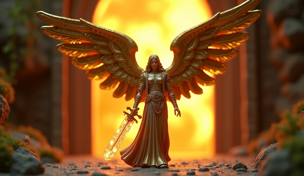 ((the Justice angel)),(take flame blade reflect dizzle light),burnning up in fire,equiped with golden armer,shinning eyes,background in holy gold color