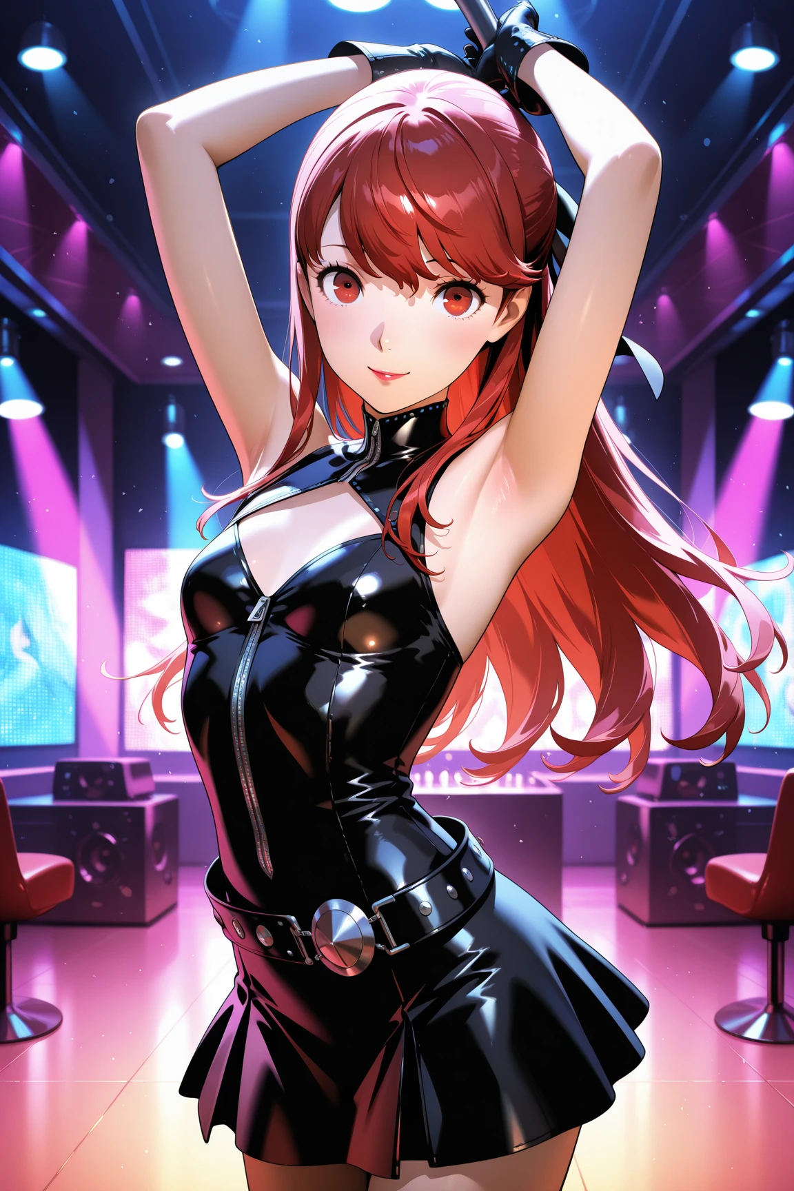 1girl, beautiful girl, Body Length 150 cm, 20 years old, ((black hair, twin tails Hairstyle, (Red Hair Dye, PeekABoo Underlights Style Hair Dye)) , ((Red eyes)), realistic eyes, beautiful and sharp eyes), ((idol clothing)), medium breasts, ((she holds a microphone and sings happily on stage in front of the crowd)), happy face, smiling, (8k wallpaper), ((red lights color, concert on stage wallpaper)) 8k, high quilty, realistic, beautiful realistic, ((anime style)), Cool details, raw photo, realistic clothing, black hair, realistic hair, ((red eyes)), realistic eyes, Light and cool lighting, photo realistic, Cel shaded, Gel lighting, ultra details, ((idol girl)), ((anime style))