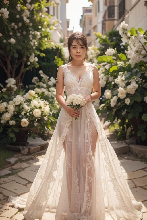 (Bohemian_wedding_gown:1.4),(Flower_crown:1.3),(Barefoot_sandals:1.2),rubble_ruins,smile,