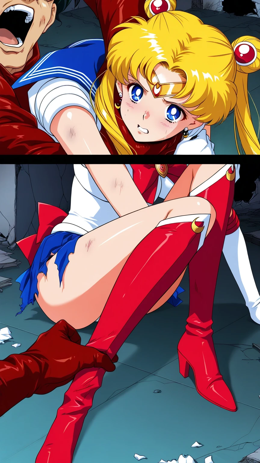 (((((angled view from under skirt, pussy fully visible, ))),masterpiece, best quality, (2 people), (Sailor Moon R),(Super Sailor Moon uniform), (blonde hair), (red long boots), (detailed face), small breasts, sexy vagina, white wall, (on bed), (bright room: 1.0), (tears in eyes: 1.0),(look of despair: 1.0), white gloves, detailed eyes, detailed face, (love hotel room),(lying on bed: 1.3), best quality, high resolution, (detailed and beautiful eyes: 1.3), highly (detailed face), (detailed CG), (perfect hands, perfect anatomy: 1.3),(on bed: 1.0),(short skirt:1.3), (skirt flipped up),(vibrant uniform),(red face),(naked lower body: 1.3), (inverted skirt 1.3), (perfect pussy: 1.3), (hairless pussy: 1.3), (crying face: 1.0),(tears in eyes: 1.0),(blood in vagina: 1.3),(after being violated: 1.0),(deep vagina: 1.3),(detailed vagina: 1.3), (spread legs: 1.3), (spreading legs: 1.3),(long ponytail),(pussy focus),(vagina with cum on it: 1.3),(lost virginity: 1.3),(uniform stripped off: 1.3),(torn uniform:1.3),