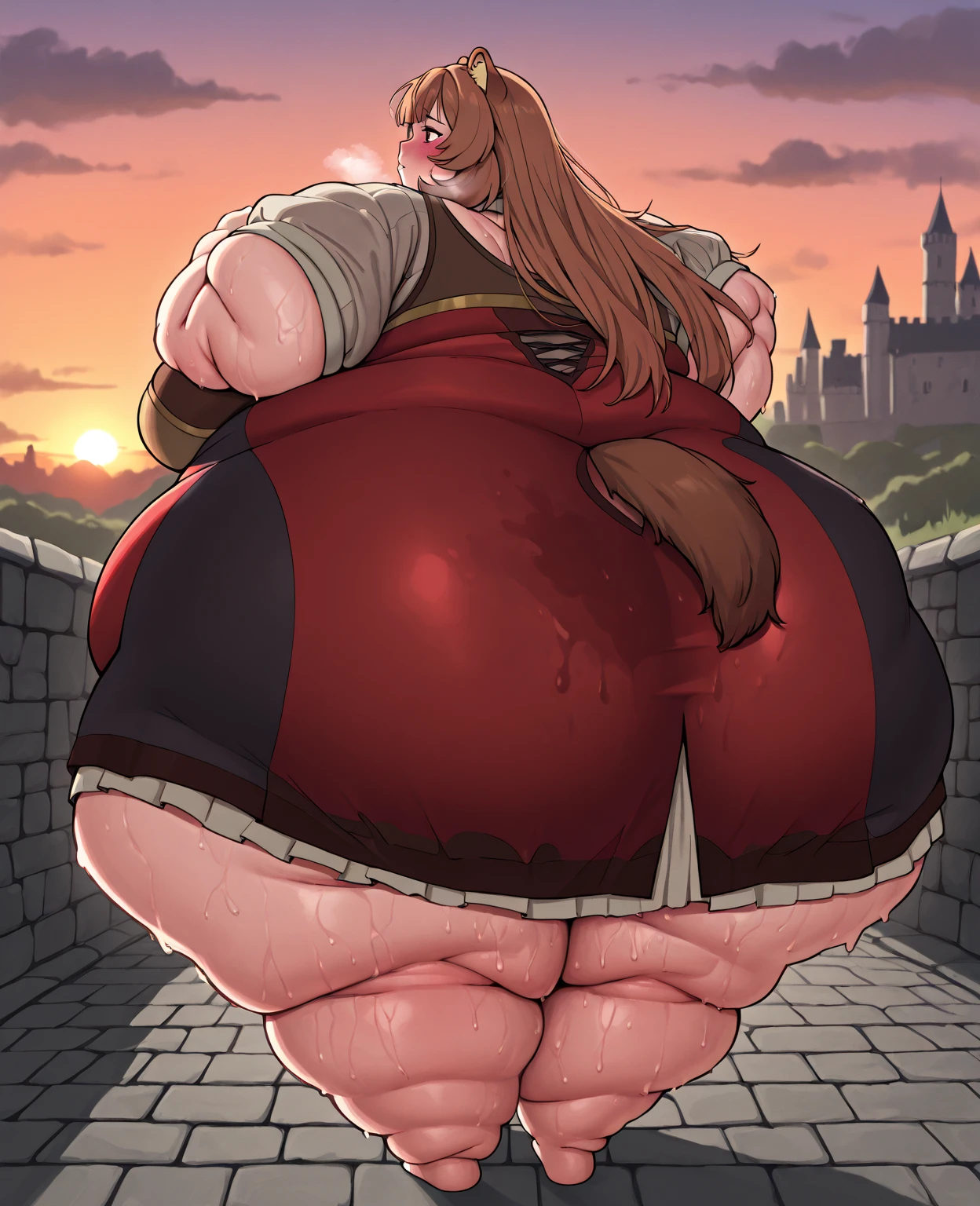 A ((human woman sorceress )) (shocked emotions:1.1) tavern background, ((dynamic angle)) ,realistic anime style, puffed legs, fat arms, bare feet, weight gain, off balance