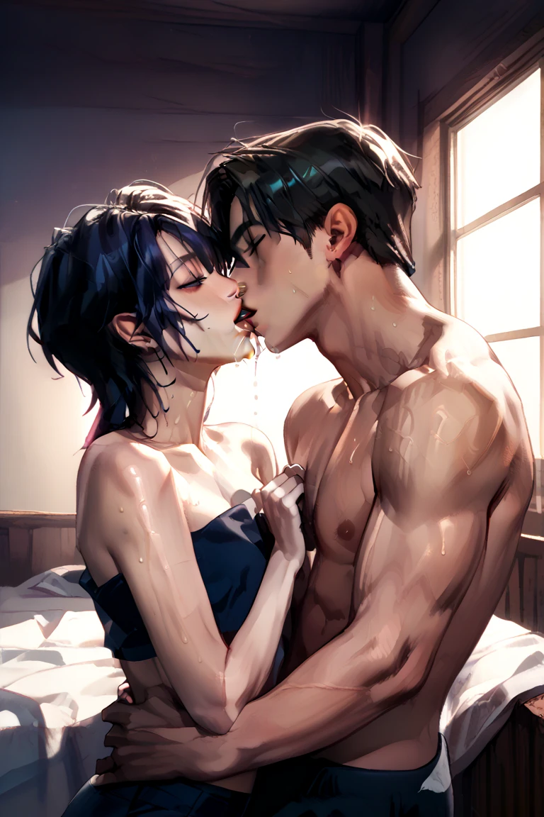 High precision、Very precise、Naked man and woman embracing each other、Exposed genitals、White mucus、Blushed cheeks、Wet skin texture