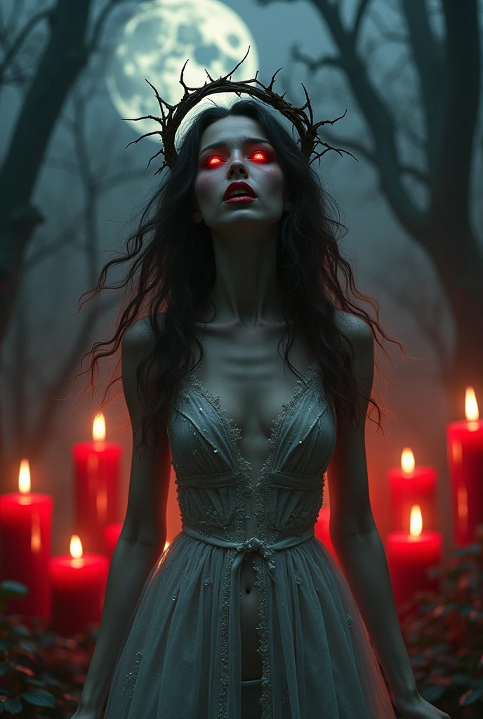 Woman with two long horns growing on her head ,2 red eyes, bloody teeth , long hair , white ao dai on a moonlit night