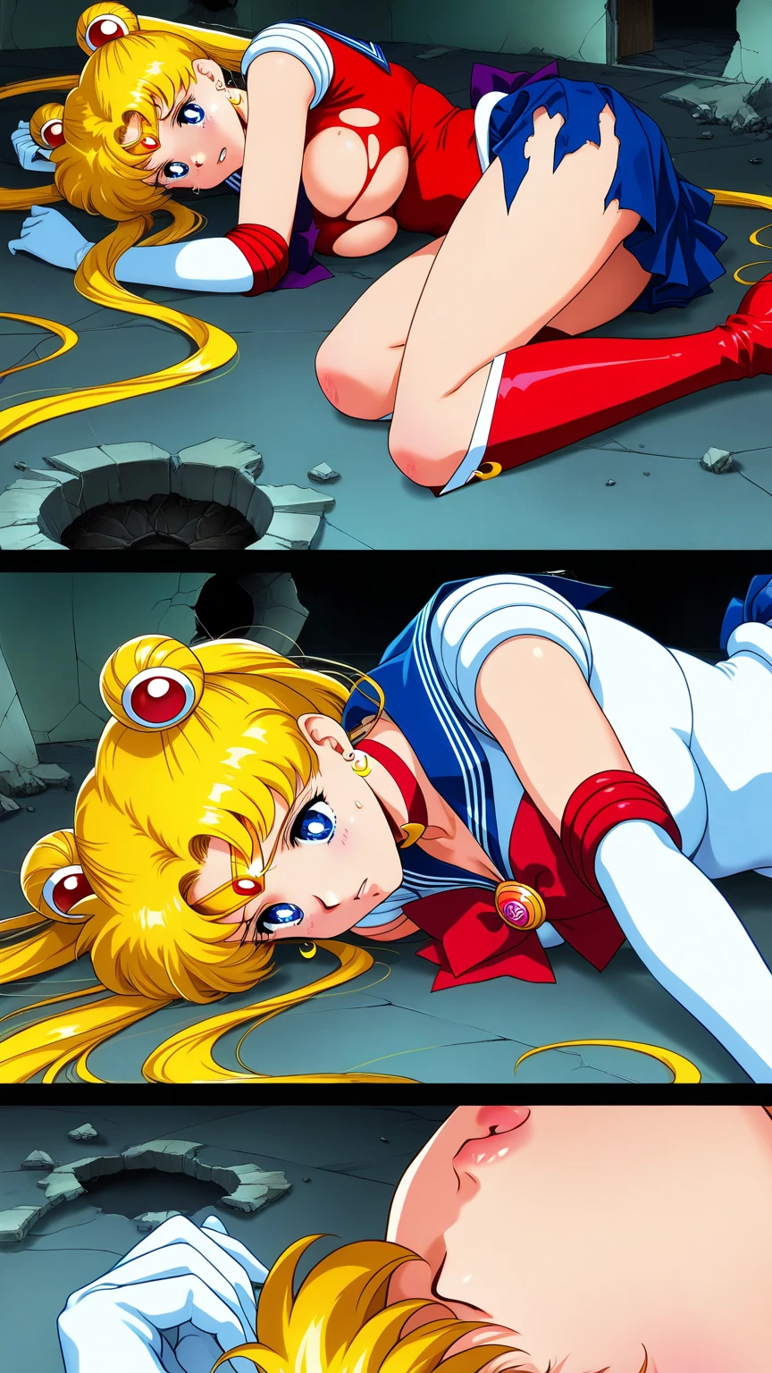 masterpiece,best quality,highly detailed,1girl,solo,scared,panicking,open mouth,crying,crying with eyes open,tears,tearing up,screaming,
<lora:sailor_moon_v1:0.7>,aausagi,double bun,twintails,parted bangs,circlet,jewelry,earrings,choker,red bow,white gloves,elbow gloves,blue skirt,
BREAK
<lora:tentacleNestBelow:0.4>,(((tentacles,too many,too many tentacles,full body, from below,high brick wall, in circle brick pit hole))),circle dungeon pitfall,floating,looking at viewer,foreshortening,spread legs,legs up,looking down,arms up,