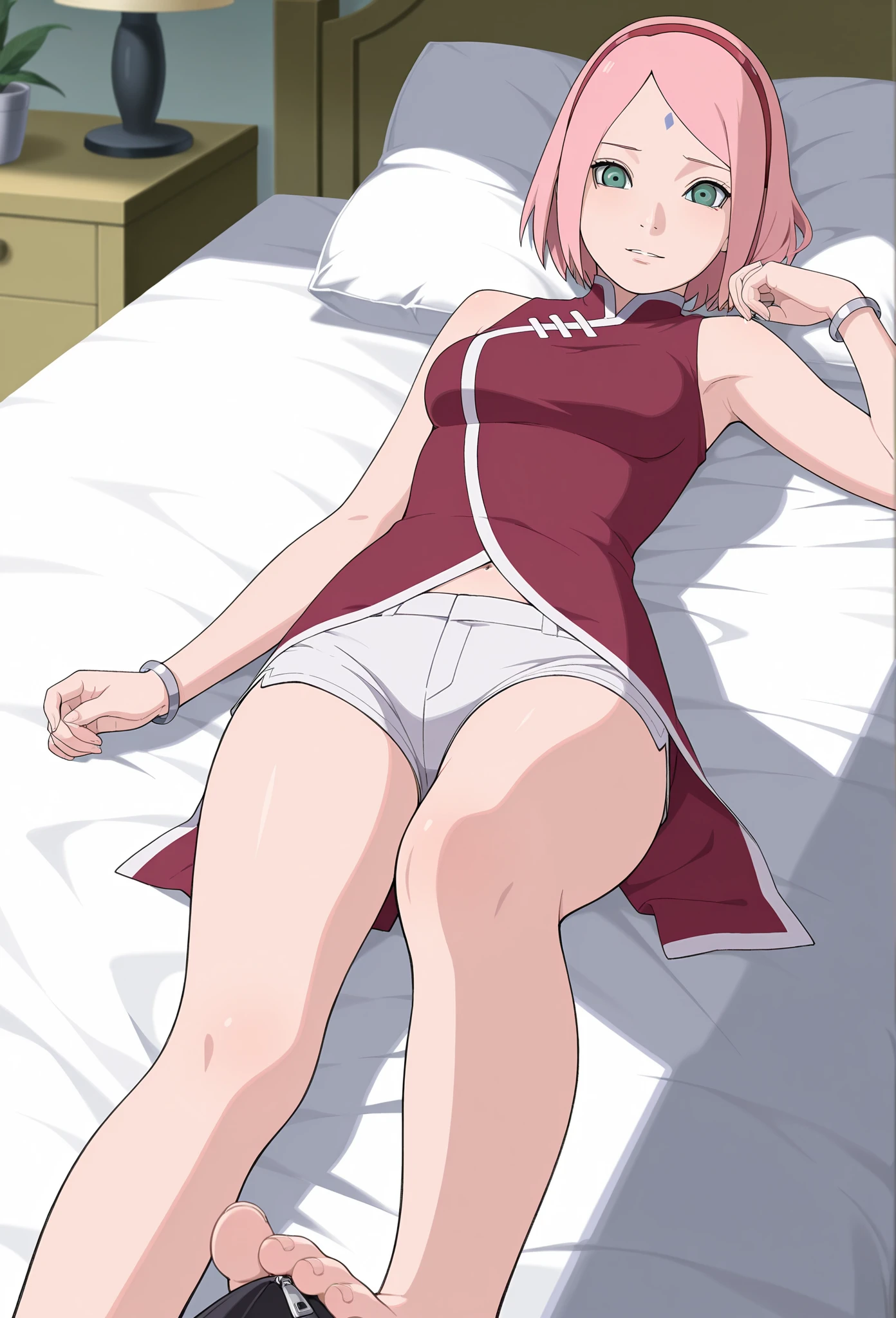 score_9, score_8_up, score_7_up, score_6_up, score_5_up, score_4_up, BREAK, source_anime,
1girl, haruno sakura, pink hair, short hair, green eyes, sleeveless, red shirt, forehead protector, beautiful legs, black gloves,
pussy, bottomless, full body, looking at viewer, solo,  konohagakure background, on bed, shy face, looking away,