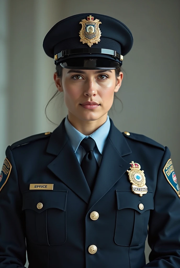 Hyperrealistic art close-up photo of m4d1s0n a woman, wearing a police officer outfit, from below, at a station, looking directly at viewer, <lora:Madison_Beer_SDXL_2018-2020:.9> . Extremely high-resolution details, photographic, realism pushed to extreme, fine texture, incredibly lifelike