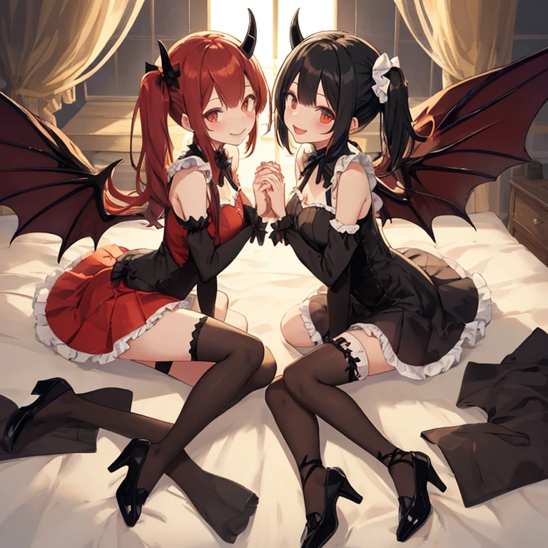 master part, best quality, 1girl, sozinho, olhos amarelos, red hair, peito pequeno, Demon girl, demon tail, demon wings, small demon horns, orelhas pontudas, (peito pequeno), (Chest Shredded), Caudas duplas, ornamento do cabelo do morcego, cabo, camisa branca, legwear branco, stuffed toy, stuffed animal toy, boina, Luvas, franja, kalap