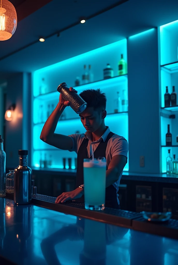 "A silver-haired, sharp-eyed, glasses-wearing Korean bartender with a dragon tattoo on his arm, is making a martini with nimble movements behind the bar of a futuristic cyberpunk nightclub. Blue and purple neon lights illuminate his charismatic face, creating a mysterious and mysterious atmosphere. stylish."