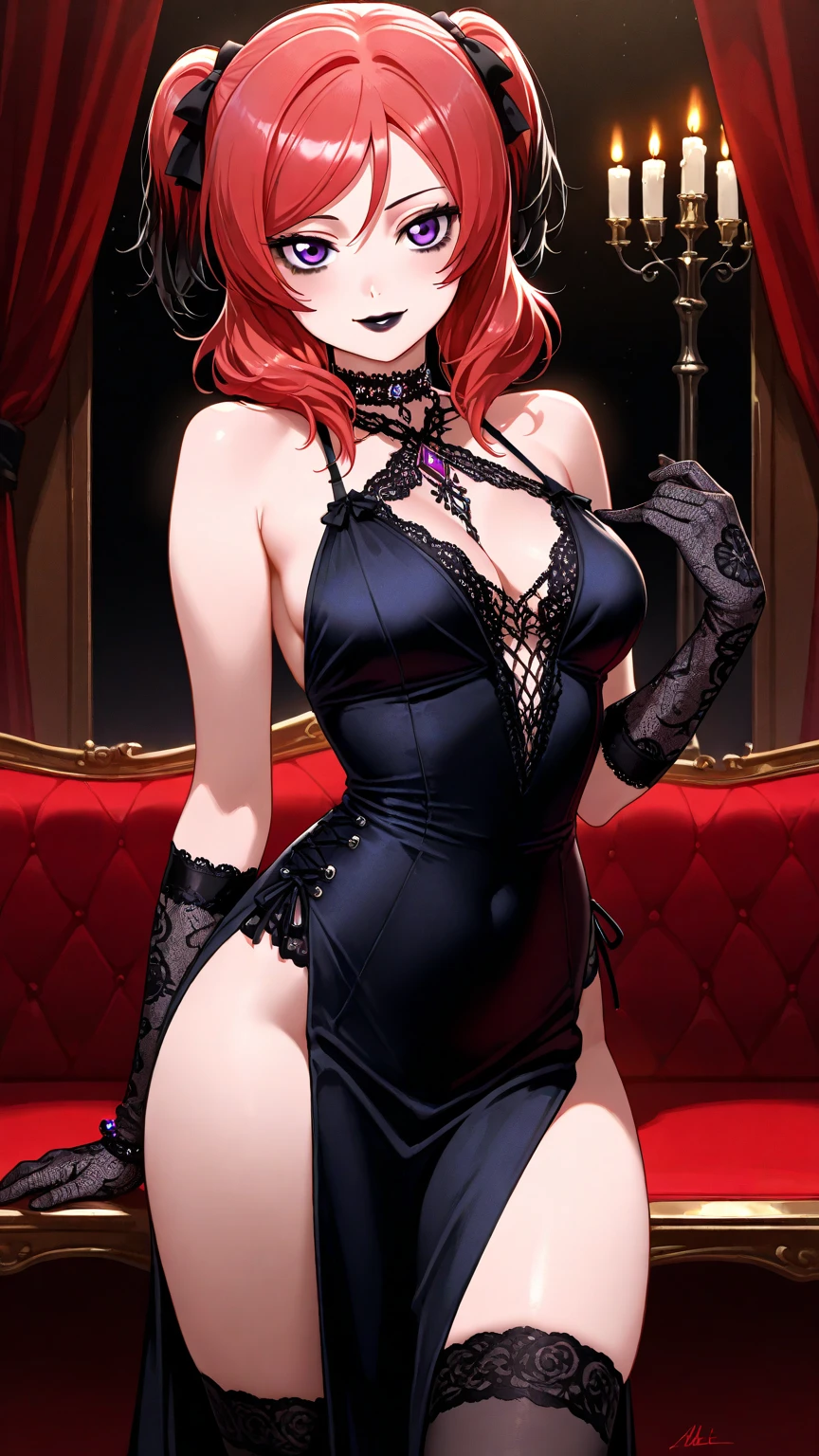CARTOON_jessica_rabbit_aiwaifu,aiwaifu,hair over one eye,red hair,narrow waist,elbow gloves,purple gloves,very long hair, big hair, tall female, toned,makeup,dress,lipstick,bare shoulders,large breasts,cleavage,red dress,strapless,eyeshadow,strapless dress,side slit,jewelry,earrings,green eyes,thighs,huge breasts,red lips,lips,curvy,thick thighs,long dress,cocktail dress,wide hips,pantyhose,thighhighs,collarbone,long legs, one eye covered,official art,extremely detailed 8k wallpaper, perfect lighting,Colorful, Bright_Front_face_Lighting,shiny skin, (masterpiece:1.0),(best_quality:1.0), ultra high res,4K,ultra-detailed, photography, 8K, HDR, highres, (absurdres:1.2), Kodak portra 400, film grain, blurry background, (bokeh:1.2), lens flare, (vibrant_color:1.2),professional photograph, (beautiful_face:1.5),CARTOON_jessica_rabbit_aiwaifu, smile