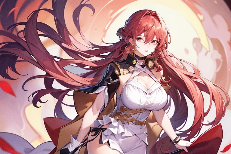 1 female、ruby red hair、long hair、curly hair、{{{red and gold eyes}}}、thick lips、White and red dress、off shoulder、slim、valley、big breasts、sunlight、{{{without background, no background}}}, {{{white background}}}masterpiece、ultra high resolution、perfect lighting、16k