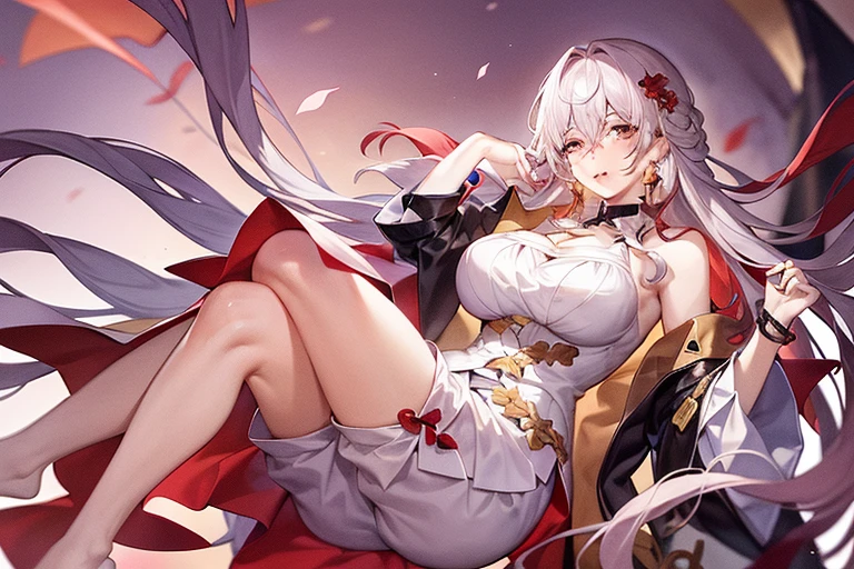 A female empress, white-haired, with yellow eyes, red nails, with notable physical characteristics, mostrando os peitos, legs open showing pussy, with an angry face and a provocative look, with open mouth showing tongue. Wearing traditional Chinese imperial clothing decorated in gold with black details, with red Hanafuda earrings, with a short red skirt. Lying on a white hotel room bed, with a sunset in the window in the background