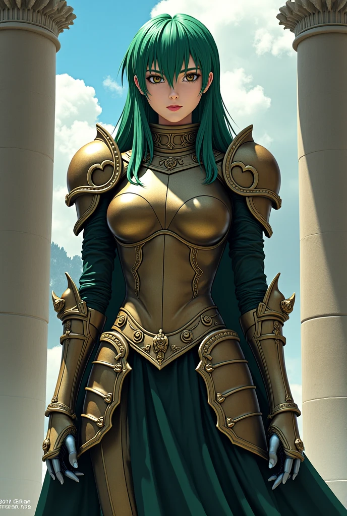 (masterpiece:1.2), (best quality:1.2), perfect eyes, perfect face, volumetric lighting, 1girl, tall mature female warrior, muscular, long hair, pompadour cut, heavy armor, huge pauldrons, gauntlets, cloak, belt, spear, leather pants, stern expression, makeup, lipstick, eyeshadow, mascara, thick eyelashes, dark fantasy, outdoor, detailed background, hand on hip, medium breasts, green face, blue eyes, bright red lips