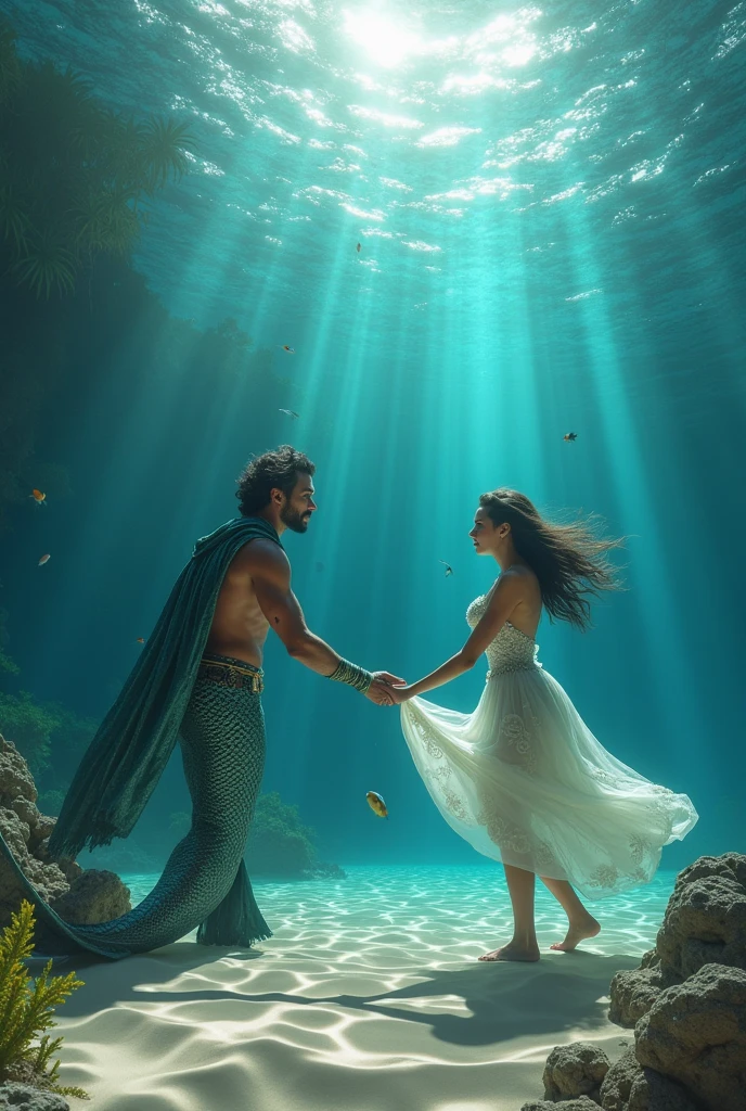 A romantic depiction of Poseidon with his queen, Amphitrite, dancing under the sea, surrounded by colorful fish and vibrant coral reefs. Poseidon has short golden hair