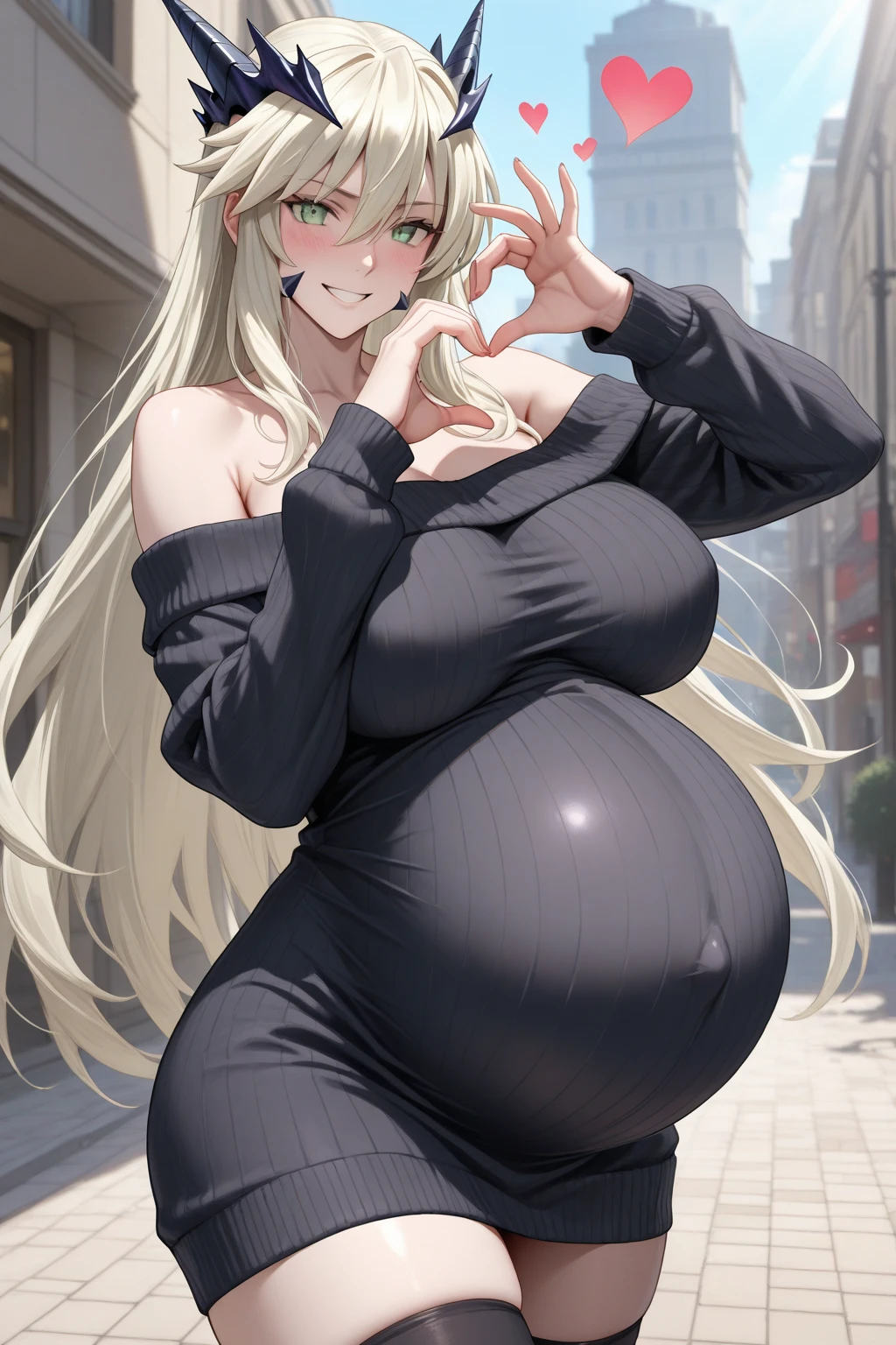 1girl,long hair, white hair,curly hair,yellow eyes,(angry face), medium ,show belly,cleavage,horns,elf ears,((yellow scarf)),(((walking in an alley of a city at night,night))),cowboy shot,from front,(black tank top,black pencil skirt,black leather pants), (pregnant)
