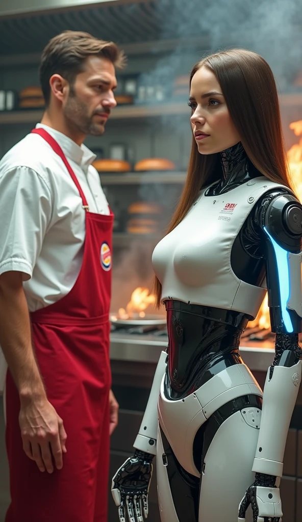 award-winning photo from the waist up, wide-angle environmental photo of cyborg in clean and tidy cyberpunk style kitchen, cyberpunk costumes, cracked porcelain skin, brunette woman, Ana de Armas, vibrant, photorealistic, realistic, dramatic, dark, sharp focus, 8k