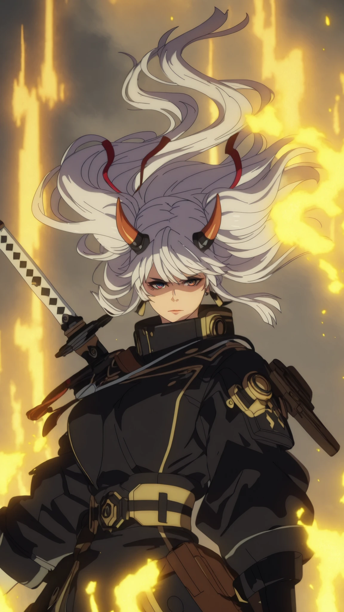 Ggstduel, (jam-orbital-style:1.2), (zonda_(solid_air)-style:1.2), ((anatomical correct)), ((Cinematic, unreal engine, eye-catching, ambient occlusion, UHD, masterpiece)), ((perfect lighting, soft shadow)), perfect body, perfect eyes, perfect fingers, gasping, heavy breathing, gasping profusely, ((skindentation)), ((curvy)), white hair, absurdly long hair, shako cap, sidelocks, two side up, hair ribbon, multicolored eyes, square pupils, (voluptuous:1.5), (mature female:1.5), ((white outline)), (aura), (black aura:1.2), weapon, 1girl, horns, fog, solo, sword, katana, earrings, jewelry, looking_at_viewer, floating_hair, japanese_clothes, armor, shaded face, closed_mouth, breasts