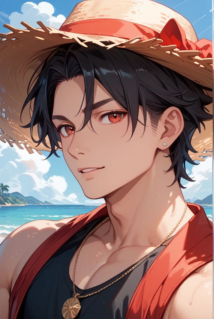 A young man, 21-years-old, solo, Caucasian, mature face, wild spiky undercut brown hair, orange eyes, daring smile, mouth open, no shirt, shirtless, red swimming trunks, thin silver necklace, beach, partially submerged in water, wet