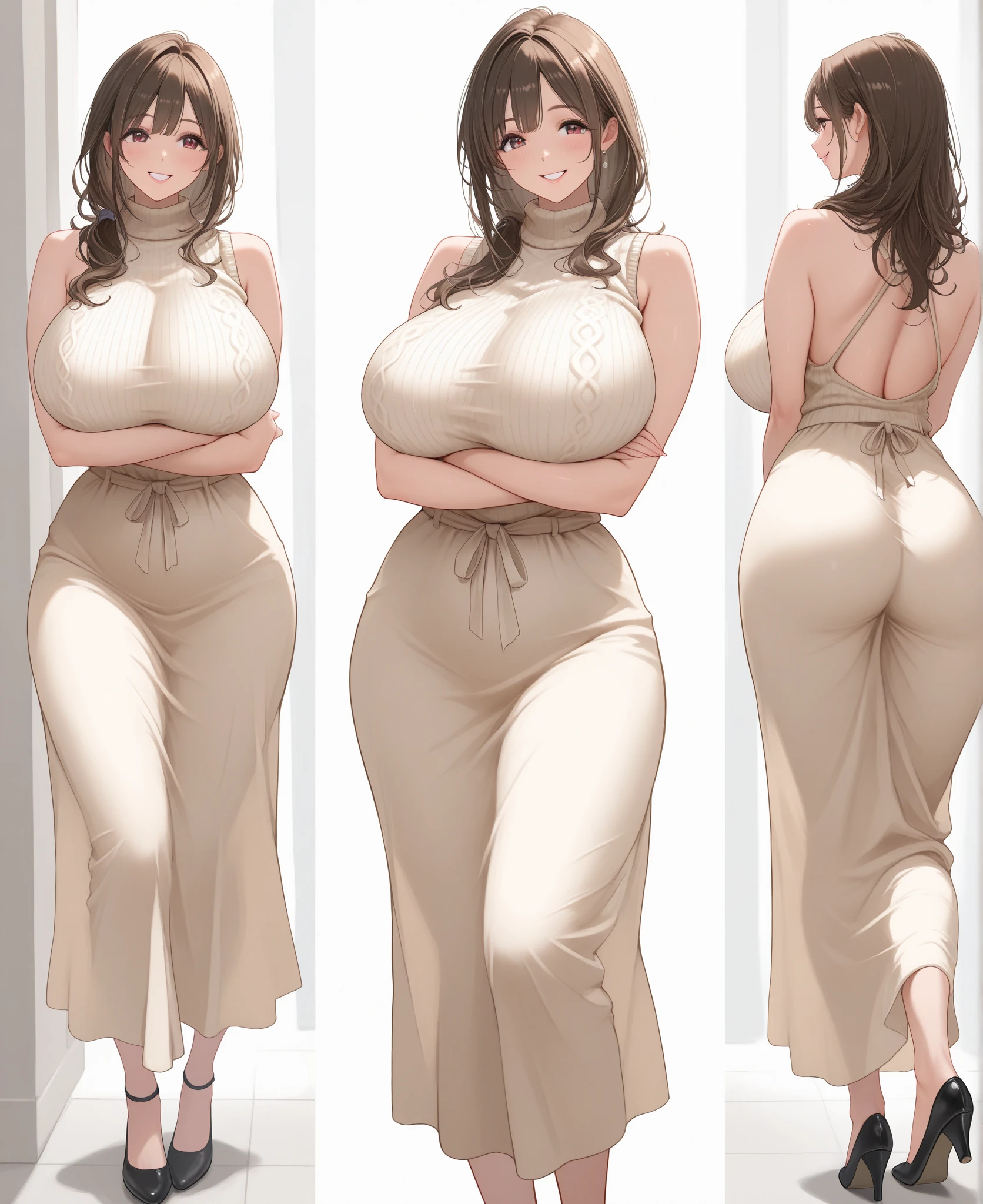 A plump round woman, short faded brown hair, lots of mascara, grey eyes, wearing a beautiful yellow summer dress, accentuated curves, plump round belly
