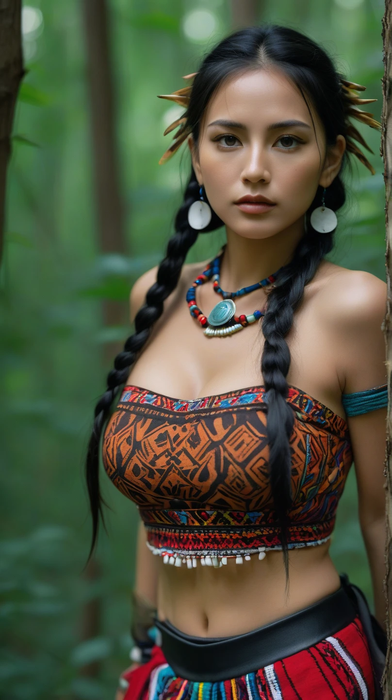 (masterpiece, high quality, lifelike, Ultra realistic, Remarkably high quality, photorealistic:1.5), Perfect Medium breasts, sensual face,32DD, ((((( realistic ravishing Native American indian 22-year-old female wearing a seductive Tribal clothing))))), sexy, hot photoshoot, sharp focused at , detailed, realistic, high definition, studio lighting, seductive, attractive, alluring, Standing from below with hands-to the side, Outdoors, forest area, Warpaint, her name is Ahote Redfeather Whitecloud
