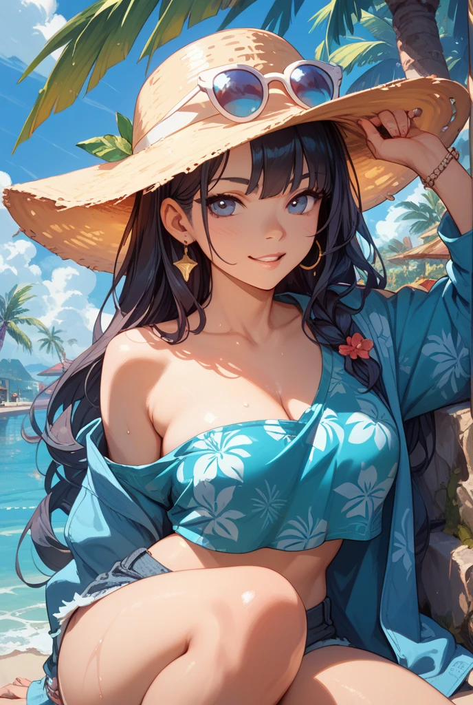 In the style of Boris Vallejo. hyperrealism, simple line drawing, lush long melanite haired, beauty teenage cyan-eyed woman with striking breast laying on the table top in bar, smiling, a cute pampushka in a navy kimono, her is relaxing on the beach. The image is in oil paints, detailed. Hippie style jewelry, boho style