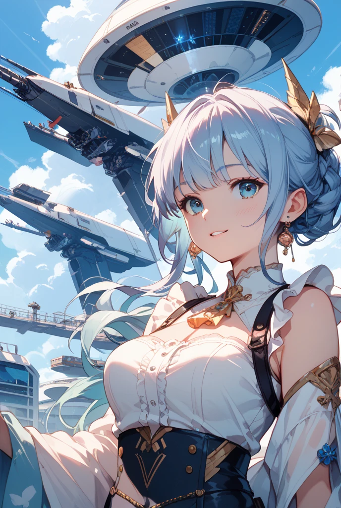 Close-up of Shangri-La, a girl alone, making a battle plan,  bunny ears，video game《Azur route》role in, Ark Night,  fine details., Azure Lane style, aircraft carrier girl，The strongest hero，Military temperament，background aircraft carrier，flue gas，lightning，blue theme，