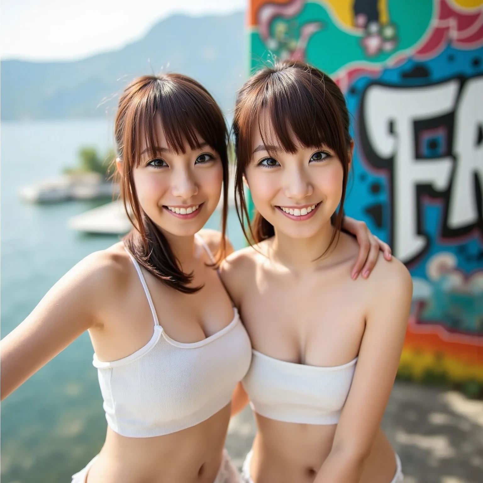 スタジオ撮影でEmbrace each other 2 人の美しい若いwoman ストック写真, Two Girls, 恋する二人の美しいwoman, woman holding another woman, beautiful gemini twins Portraiture, One blonde and one brunette, Lesbianの抱擁, Cute Girls, Lesbian, 二人のwoman, two models in the frame, Portraiture of women embracing, beautiful gemini twins, Young girl, Two Girls, twin, Embrace each other, Two identical girls, self cest, twins, week, week_uniform, Humagia, Humagia_headset, headphone, Realistic, skirt, Jacket, alone, Sitting, Highest quality, photoRealistic, masterpiece, 8K, High resolution, alone, (((woman))), (Very large breasts), ((Face staring at the viewer)), (looking at the camera:1), (short hair), Bob Hair, (Professional Lighting, Bokeh),View from above, Highly detailed face, Fashionable and trendy atmosphere, Japan, street, Tokyo, factory, ((Daytime)), (Portraiture:0.6), smile, lustfull smile, nice, Floating Hair, (Particles of light, Lens flare, Glowing particles:0.6), (Dynamic pose:1.2), Soft lighting, Black Hair, whole body, lust smile, camera, blue eyes, pantyhose, Black nails