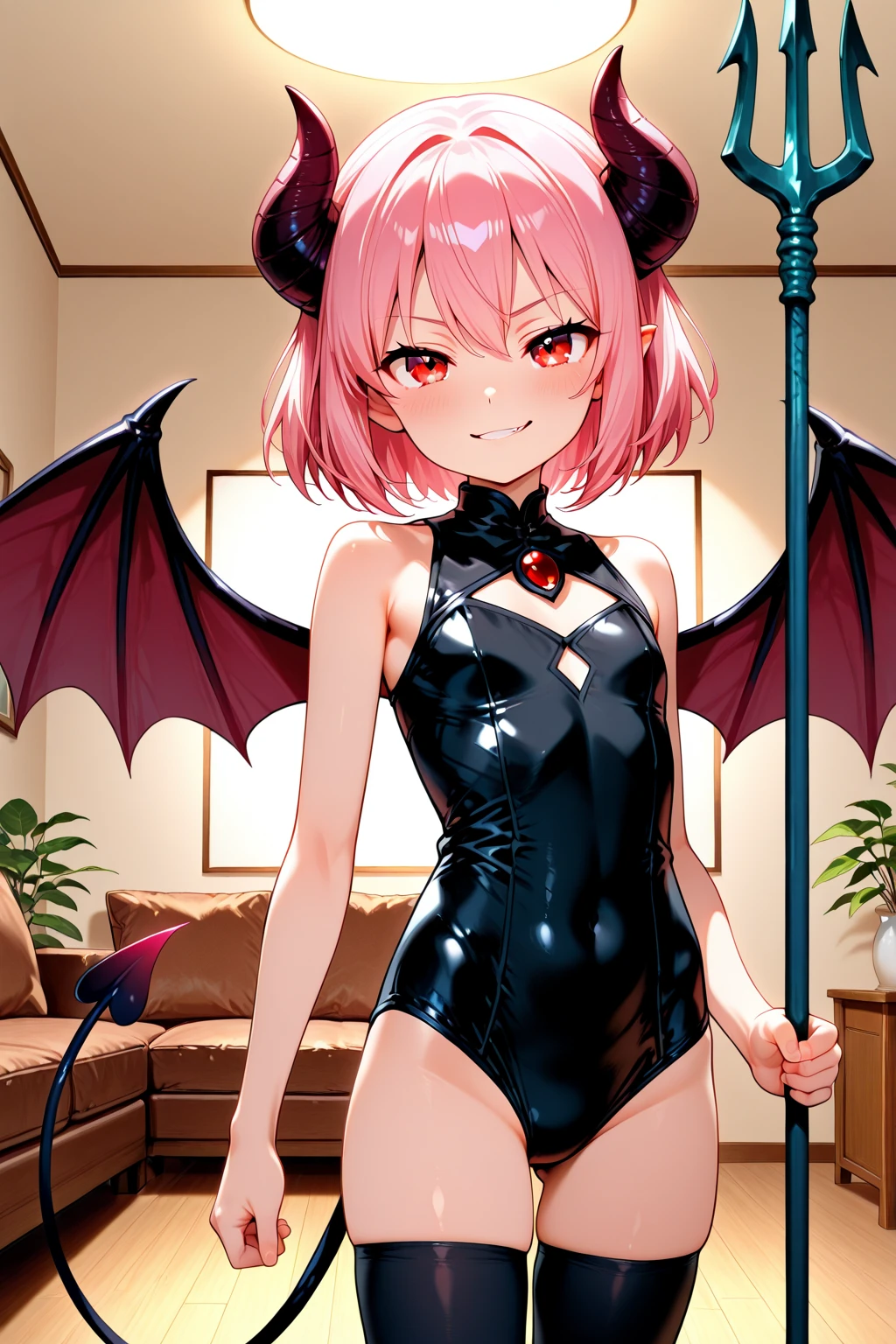 full body image of an anime style girl, the girl has a very thin body, the girl has short legs, the girl has a very , the girl smiles provocatively, the girl has white skin, the girl has very small breasts, the girl is slightly blushing, the girl has red ears shaped like bat wings, The girl has short purple hair, the girl is posing sexy, The girl wears a tight red latex suit, The latex suit does not cover the girl's arms or legs., the girl has a thin black demon tail, At the tip of the girl's tail there is a black arrow, the girl is standing, the girl's eyes are bright red, the girl is smiling, the girl has bat wings full of spikes on her back, The girl has very marked black eyeliner on her eyes., the girl's expression is provocative, The background of the image is a garden at night with night lights and luminous plants,