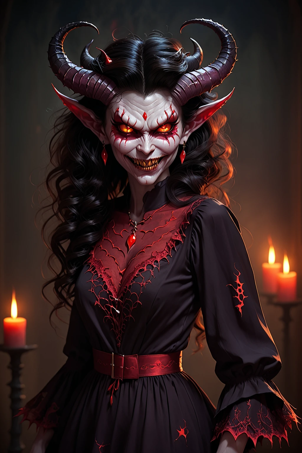 a terrifying mental image of a female figure of pure evil, immersed in a hideous and hellish environment, appearance like a demon with sinister glowing eyes that evoke instant terror, evil beast, fiend, demon, abyss, infernal, nether, damnation, hellish attire that exude an evil glowing aura, environment around as a hellscape, distorted shadows, agonizing, obscure, terrifying nightmare, horror, evil female figure in a obscure place coming from hell, demonic presence, gore, grume, slaughter, carnage, butchery, highest quality, 4k, best composition, sharp focus, depth of field, lens 1.8, 25 mm, masterpiece