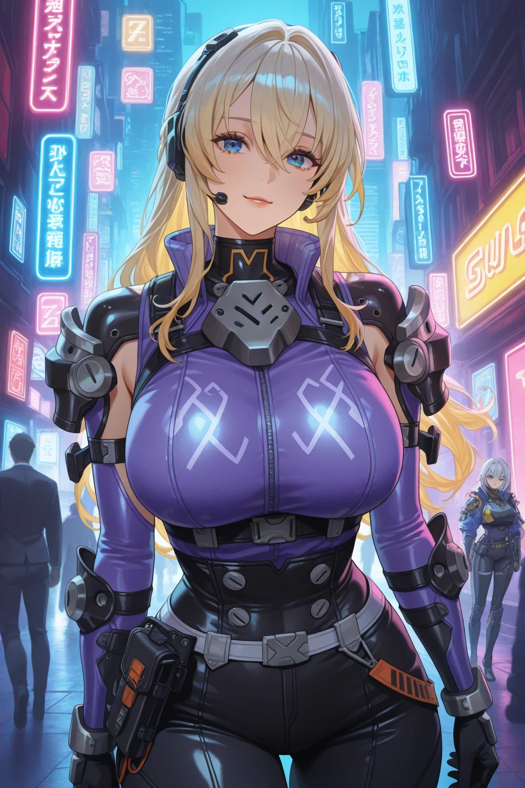 very detailed、masterpiece、high quality、one high school girl、12 years old、Loli、(black space suit、Yellow Accents)、front zipper、(Futuristic, Tight Fit Bodysuit)、headphone、Cyberpunk space station interior background、(colorful purple hair),ロングtwin tails, (pink eyes), change,twin tails,sassy change，cheey change，mesugaki,girl,天才girl、(big breast):1.0,(blush):1.1、halo、