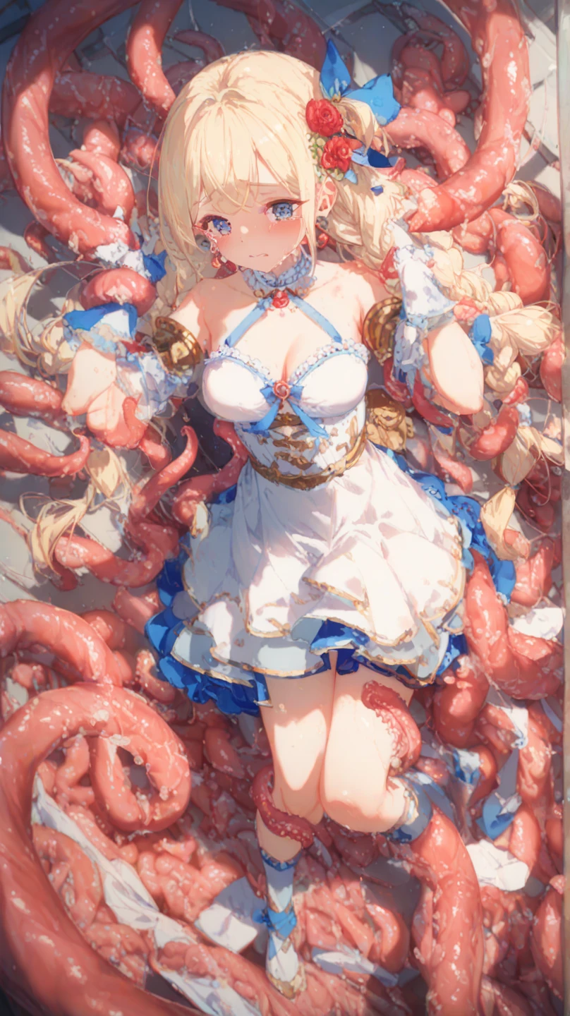 Browsing Caution,(Girl buried in tentacle hole,Wide-open legs,Wide open arms,Arms covered in tentacles,Tentacle-covered legs,Sailor warrior transforming heroine with pink lines on white cloth,Shiny ruffle skirt、Metallic Leotard Armor.,No sleeve,Waist ornaments and armor adorned with large jewels,Transformation Heroine Hair Accessories,Torn white transforming heroine thigh-high socks,A big red ribbon and a big jeweled brooch,Shining white heroine costume,Tight transforming heroine gloves:1.5),(Men and women having sex,A transforming heroine gets raped:1.5), (vagina,penis:1.5),(A girl with her limbs buried in a bed of giant tentacles,Arms and legs stretched:1.5),(tentacles surrounding the girl,His arms are covered in tentacles up to his shoulders,Her legs are covered in tentacles up to her thighs,Tentacles bind limbs,Massive bukkake,get off:1.3),belly button, (The girl is angry,Open your mouth:1.3),Sweat,Love Juice, (Petite Girls,young,thin,Very small breasts:1.5),Blonde twin tails,Perfect Face, Perfect Anatomy,(Cowboy Shot:1.5),(vaginaから溢れる:1.2)
