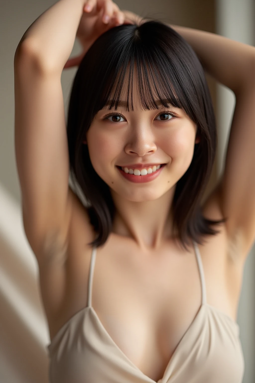 (top-quality、8K、32K、​masterpiece、nffsw:1.2)、A cute Japanese woman、Medium Hair、(smil:1.4)、((Hands on the chest:1.5))、Outside the house at night、((fullnude:1.5))