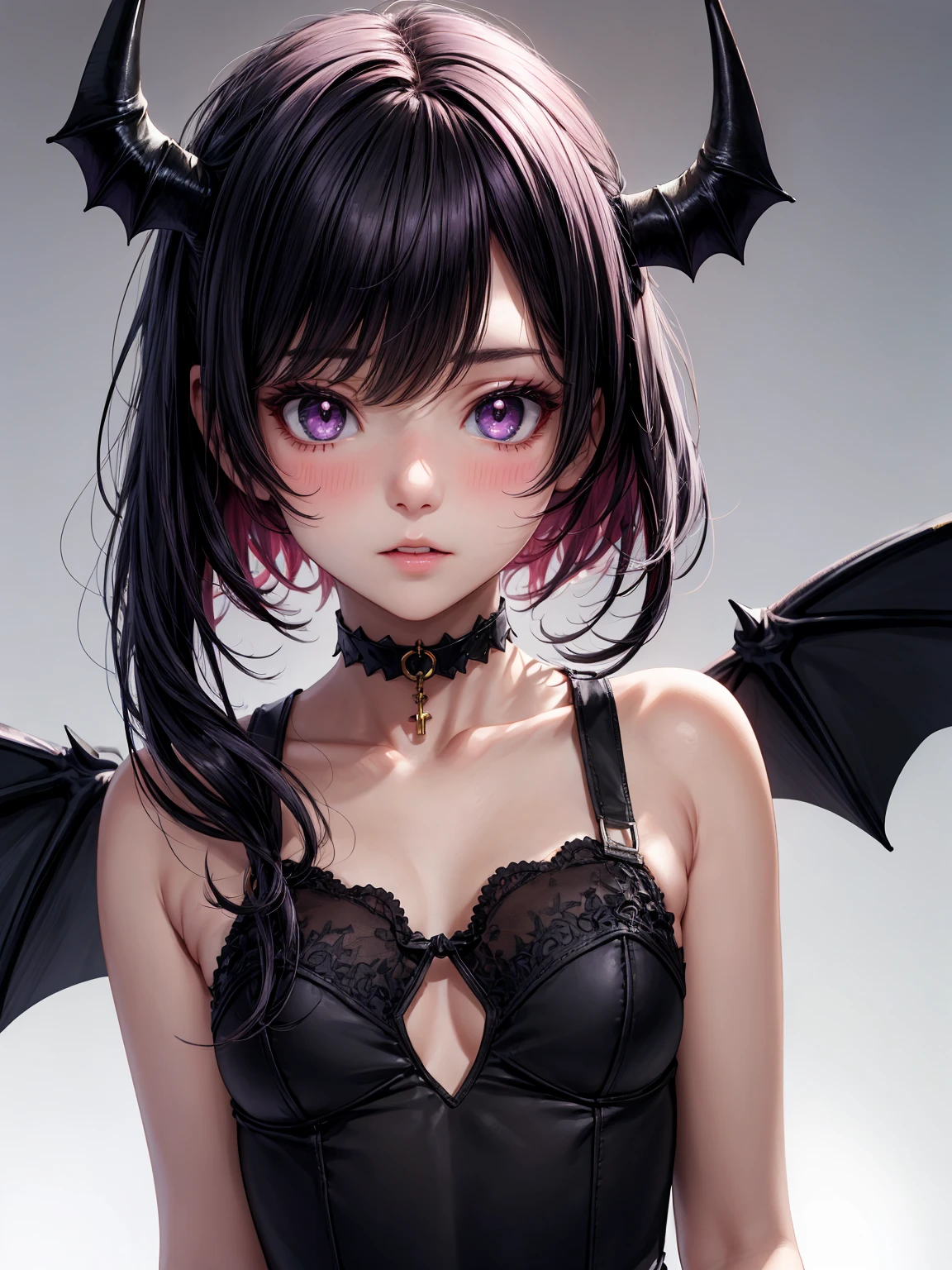 Girl, woman, emo_hairstyle, black lipstick, dog collar, eyeliner, eye shadow, smoky eyes, realistic lighting, short hair, standing up, succubus, devil outfit, bikini, horns, devil tail.