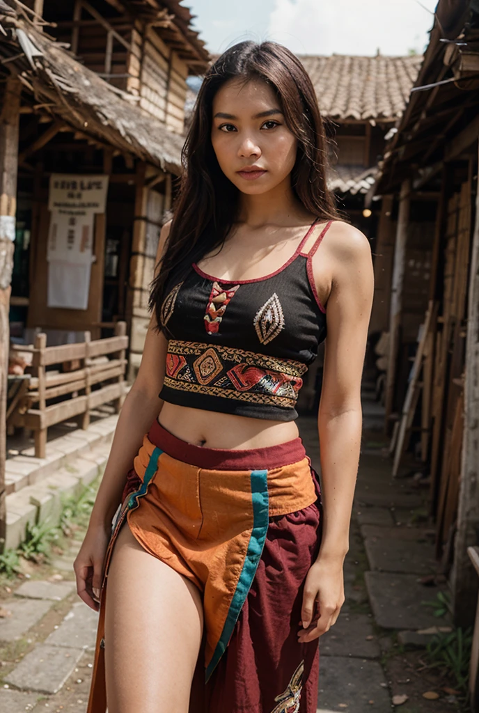 A 20-year-old Hmong woman wearing a blue tank top. Wear a short white skirt with Hmong embroidery and wear bracelets.