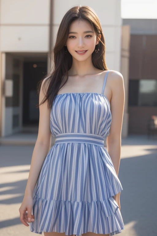 A beautiful 22-year-old woman with an elegant face is standing by the Notre-Dame Cathedral Basilica of Saigon, wearing a blue floral dress. The sunlight highlights her delicate features, and her confident pose exudes charm and sophistication.
