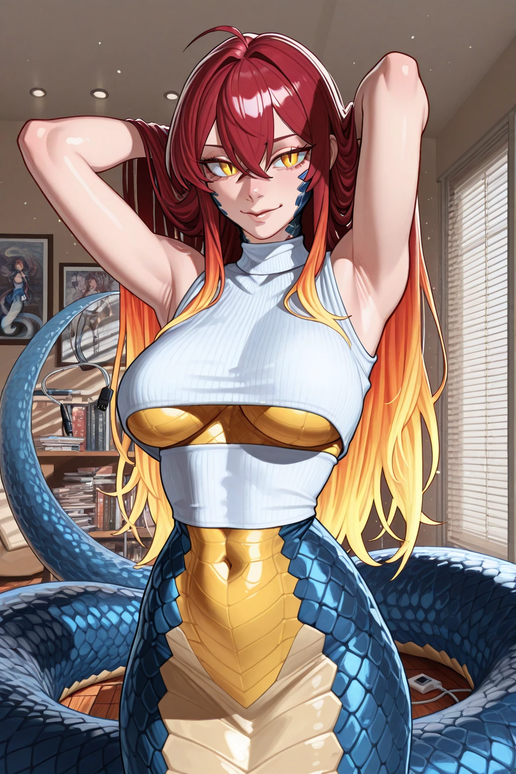 <lora:LAMIA-SERY-CONCEPT:1>, <lora:MiiaV1.3:1>, 1girl, :d, bangs, belt, belt_buckle, blush, breasts, cleavage, collarbone, day, eyebrows_visible_through_hair, front-tie_top, hair_between_eyes, hair_ornament, hairclip, hand_on_hip, indoors, lamia, large_breasts, long_hair, looking_at_viewer, midriff, miia_\(monster_musume\), monster_girl, navel, open_mouth, pointy_ears, potted_plant, red_hair, scales, shirt, slit_pupils, smile, solo, tied_shirt, very_long_hair, window, yellow_eyes, yellow_shirt,