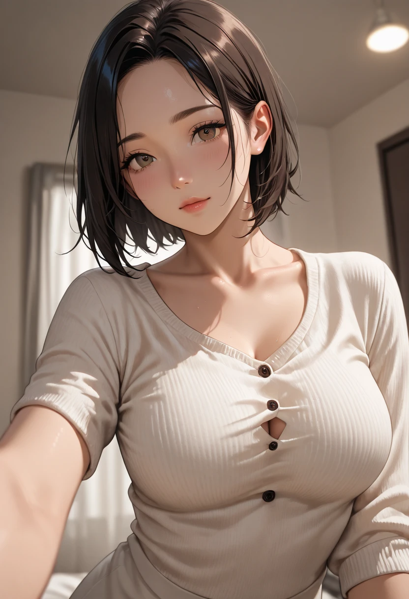 realisticlying、45-year-old girl、T-shirt wearing,Face enhancement,Chest super large zoom,Cleavage emphasis,Looking up from the bottom,Smile,Blushing,Red lips,A sexy,Bed sit