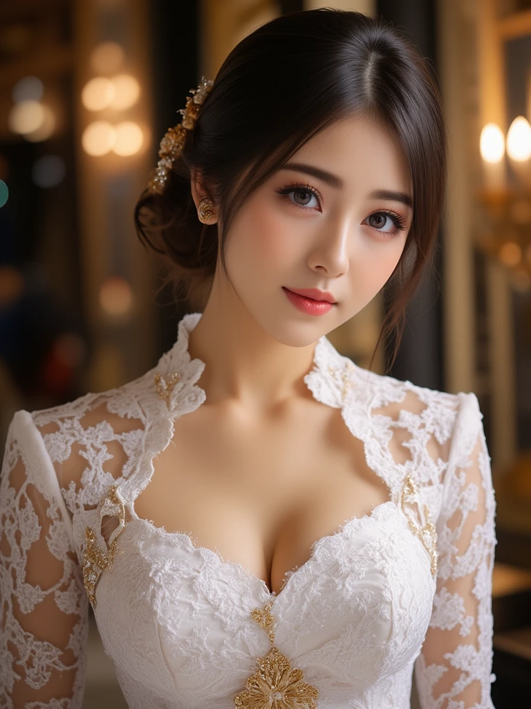(1girl), ponytail, Extremely cute face, Amazing face and eyes, (Highly detailed eyes, Highly detailed face), fresh, Very clean appearance, (Hyper-realistic, hight resolution), (Best Quality:1.4), (hyper quality), Authentic skin texture, Raw photo, (Realistic, Photorealsitic:1.37), highly detailed, Professional Photography, (beautiful lace bridal dress:1.5), (lace bridal dress with open front), (cleavage:1.2), (Bare shoulders), Smile slightly, (Staring at me), luxury living room, girl portrait,